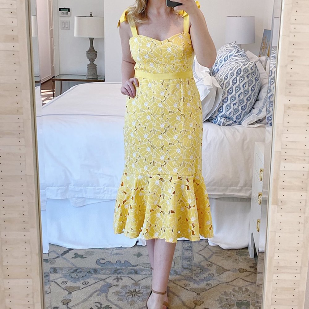 Nwot J.Crew  Eyelet Yellow Floral Sleeveless Ribbon Tie Flounce Hem Midi Dress 6